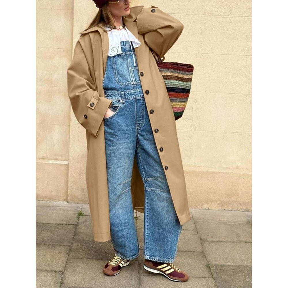 Women Khaki 1 Long Trench Coat Single Breasted Oversized Windproof Fall Overcoat - Picture 3 of 5
